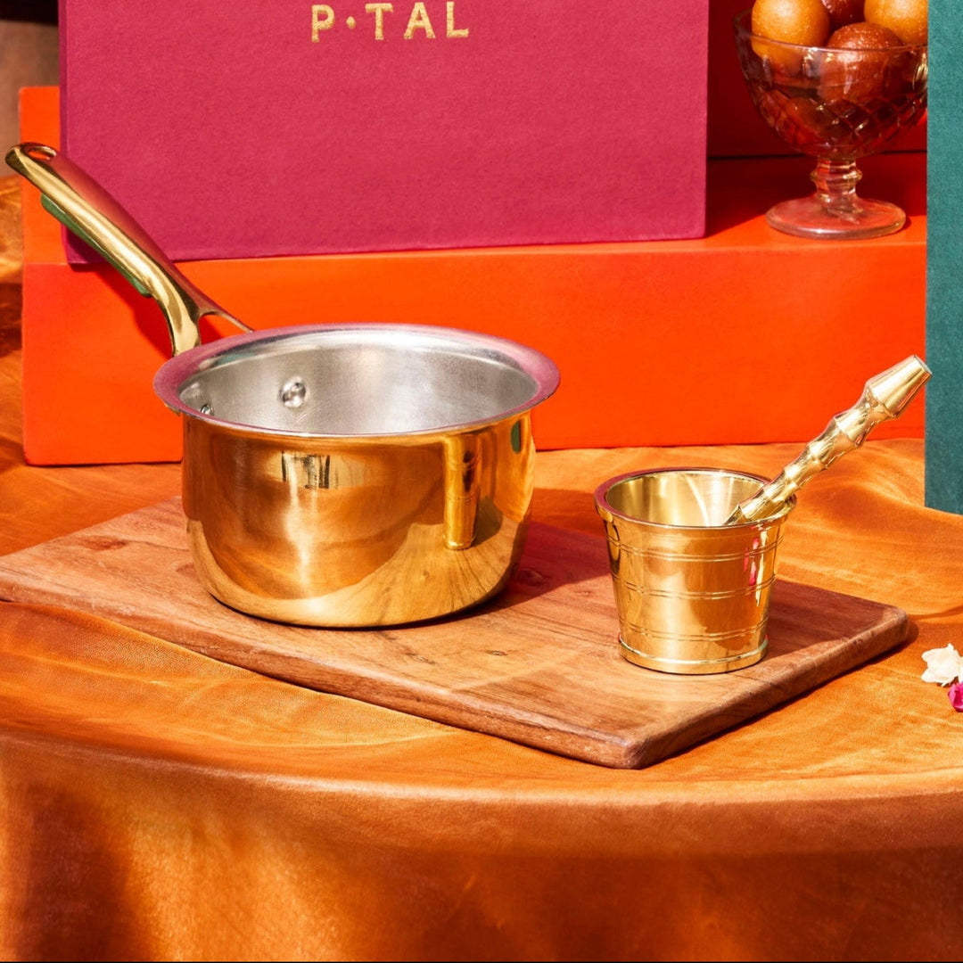 Chai Starter Kit (Brass Saucepan with Insulated handle + Brass Mortar and Pestle) P-TAL