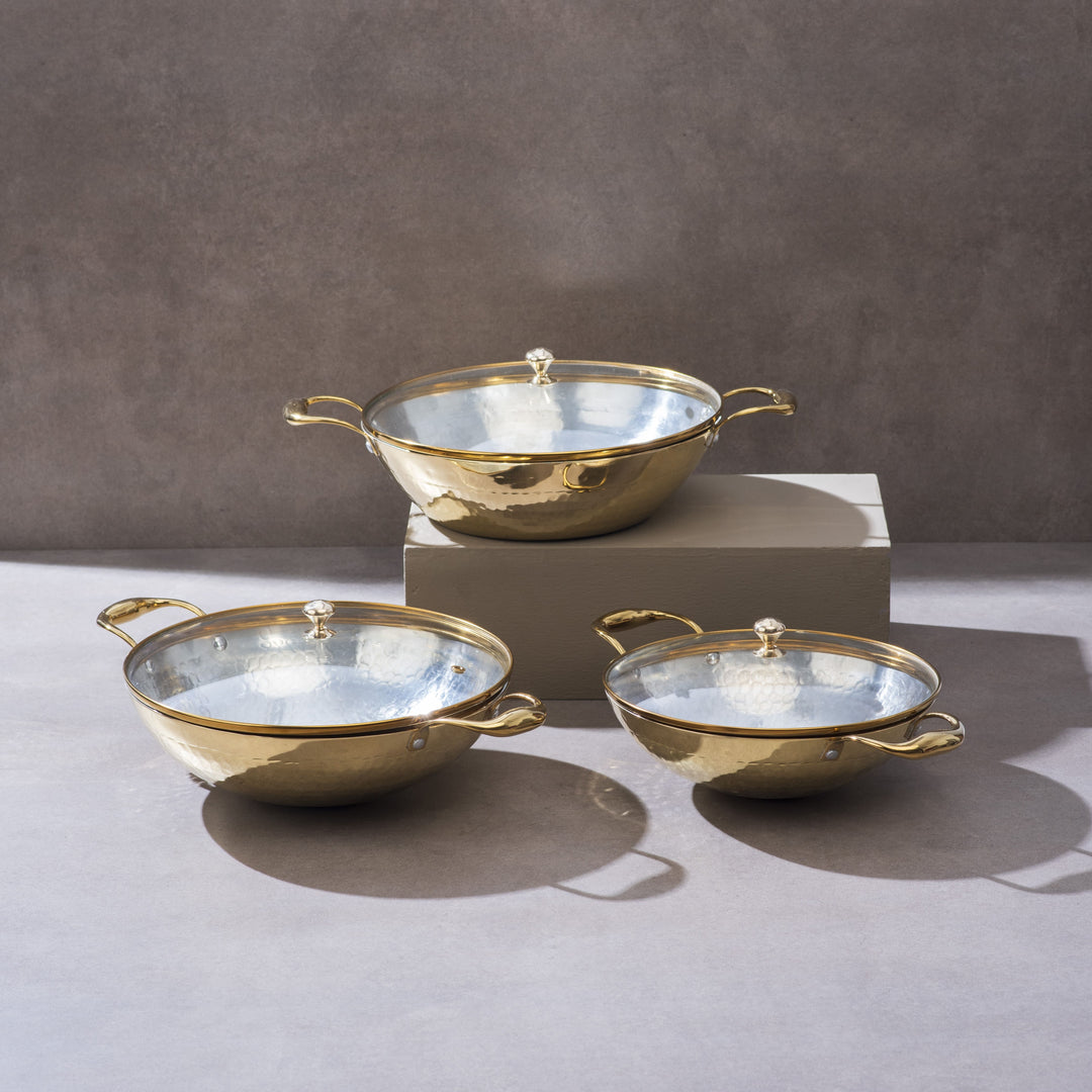 Set of 3 Brass Kadhais with Glass Lid (1.5L round base, 3L round base, 3L flat base) P-TAL