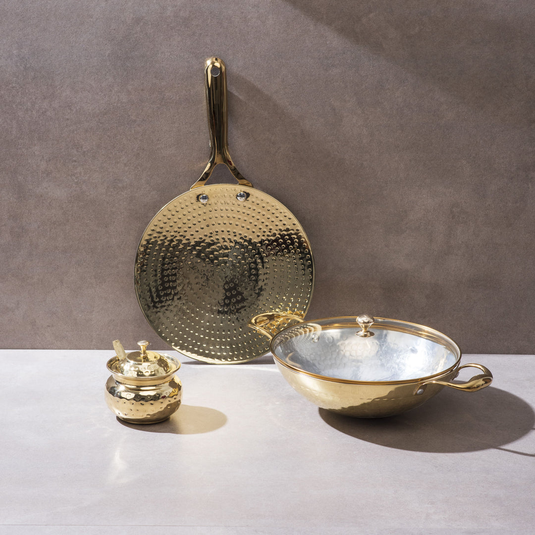 Brass Essentials Combo Set (Brass Roti Tawa with Insulated handle, Brass Ghee Pot, Brass Kadhai with Insulated handles & Glass lid) P-TAL
