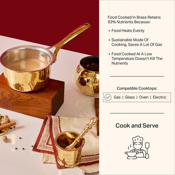 Chai Starter Kit (Brass Saucepan with Insulated handle + Brass Mortar and Pestle)