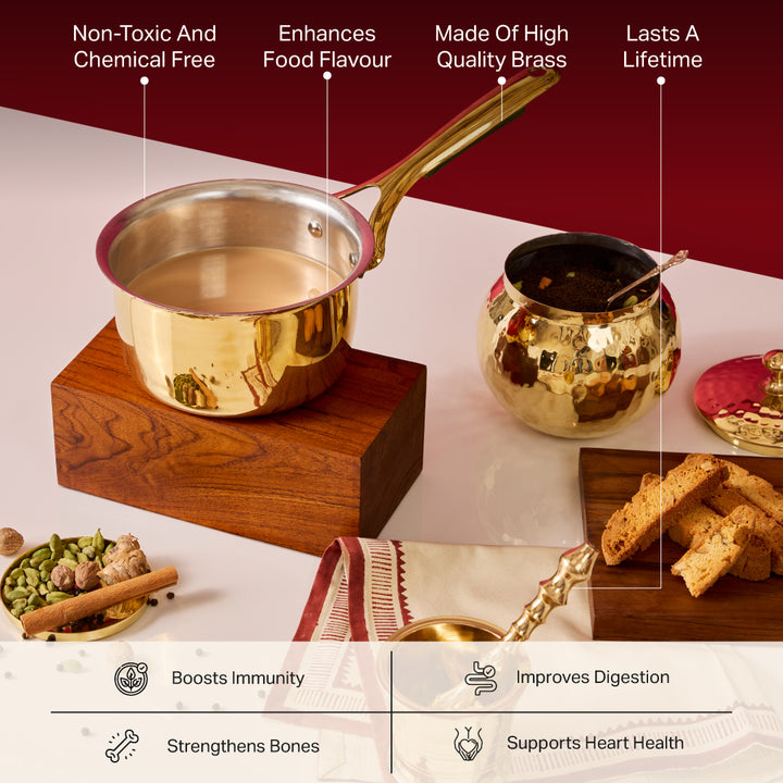 Chai Starter Kit (Brass Saucepan with Insulated handle + Brass Mortar and Pestle)