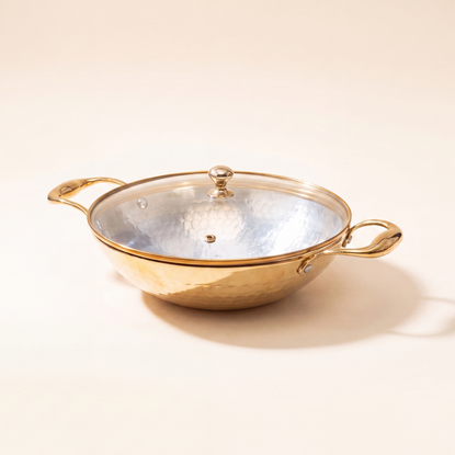 Brass Kadhai with Glass Lid (Round Base)