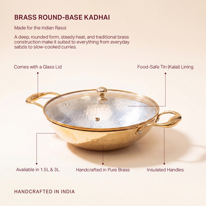 Brass Kadhai with Glass Lid (Round Base)