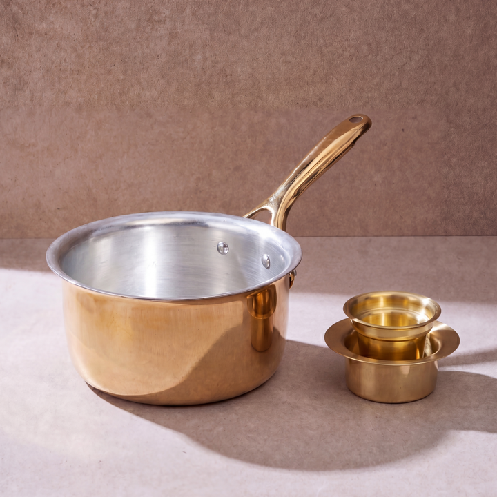 Filter Kaapi Starter Kit (Brass Davara Coffee Set + Brass Saucepan with Insulated Handle)