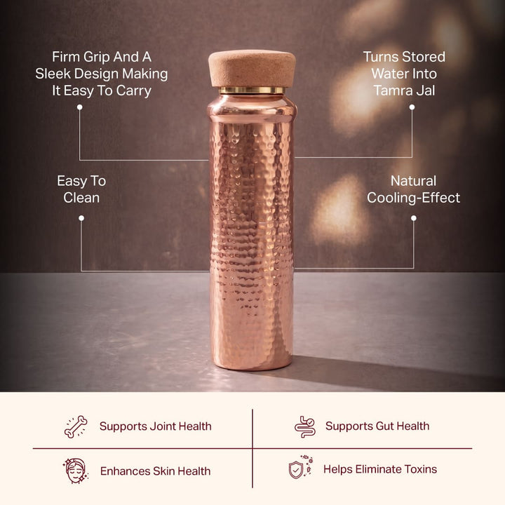 Copper water bottle with features listed