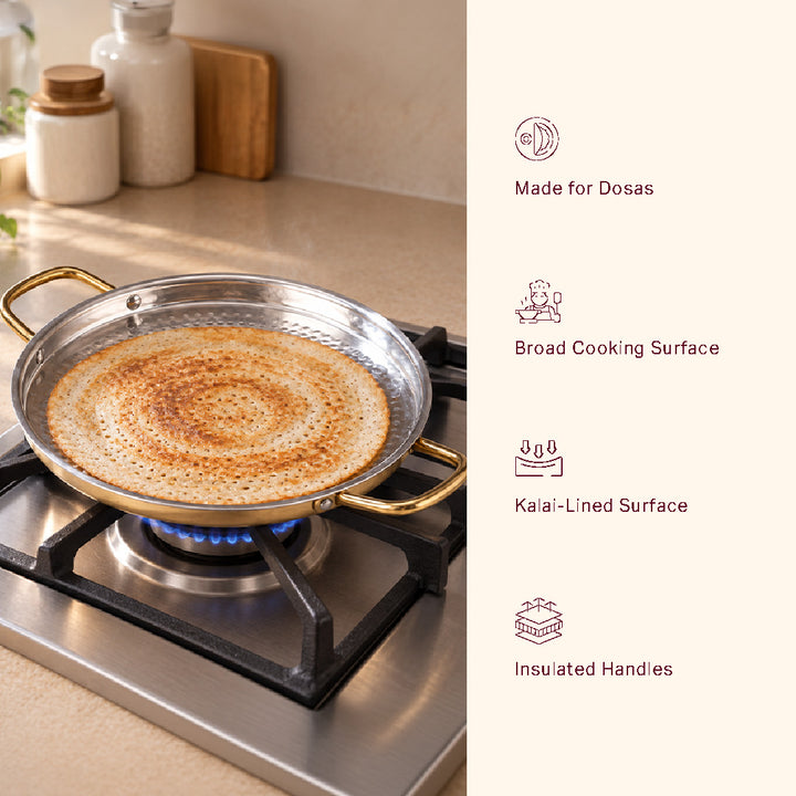 Brass Dosa Tawa with Insulated handle - Naturally Non-Stick Tawa & Uses Less Oil