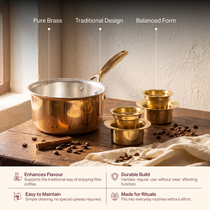 Filter Kaapi Starter Kit (Brass Davara Coffee Set + Brass Saucepan with Insulated Steel base with golden PVD coating Handle)