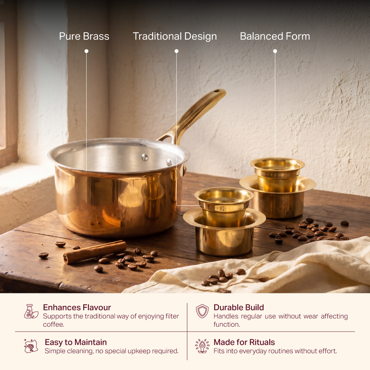 Filter Kaapi Starter Kit (Brass Davara Coffee Set + Brass Saucepan with Insulated Handle)