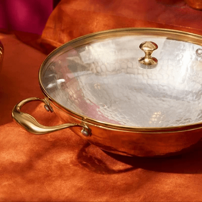 Brass Kadhai with Glass Lid (Round Base)