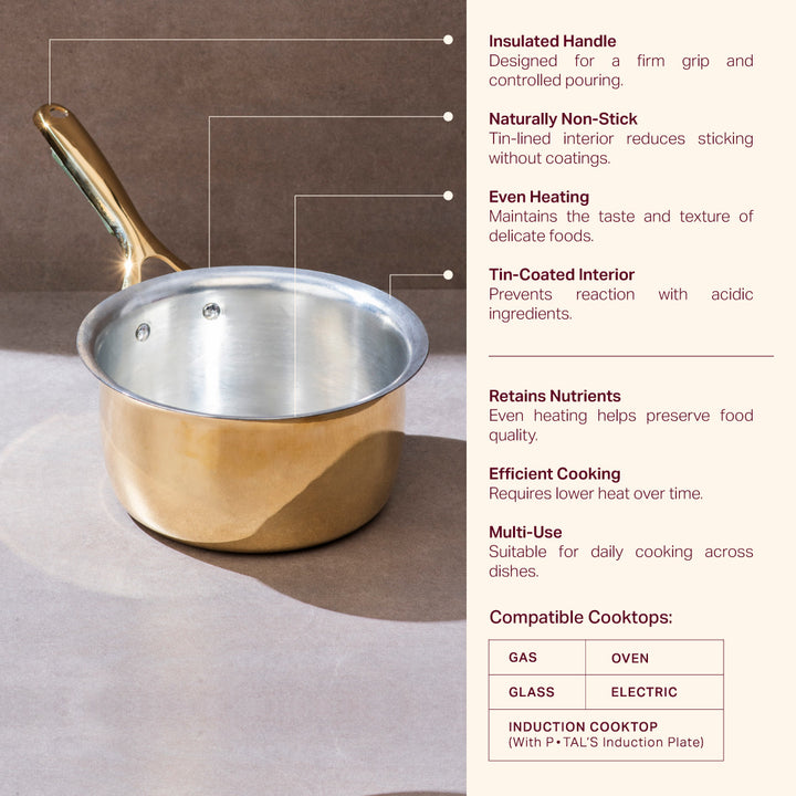 Filter Kaapi Starter Kit (Brass Davara Coffee Set + Brass Saucepan with Insulated Steel base with golden PVD coating Handle)