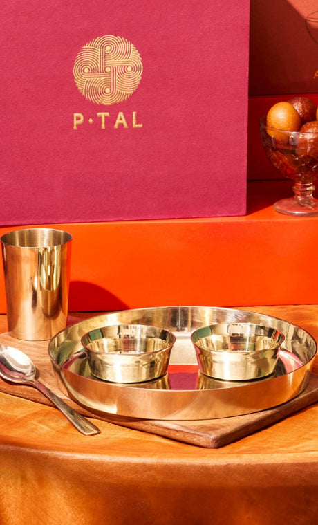 Kansa Dinner Thaali Set (10.5" Thaali) - 5 pieces (1 Thaali, 2 Bowls, 1 glass and 1 spoon) In A Gift Box P.TAL