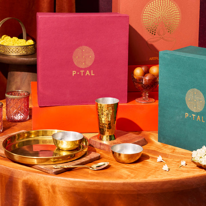 Brass Thaali Set - 5 pieces set (1 Thaali, 2 bowls, 1 glass and 1 spoon