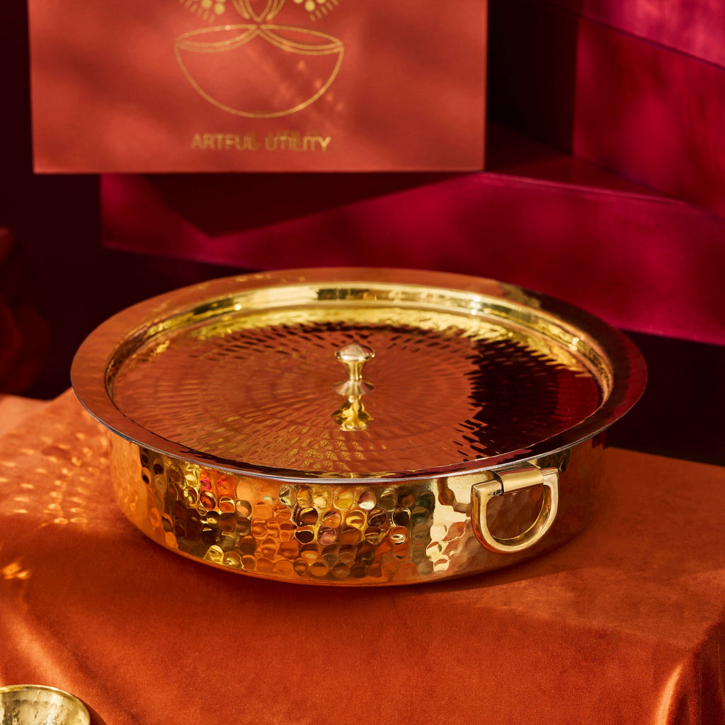 P-TAL Pure Copper Degchi Handi, 10 Liter - Hammered With Tin Coating & Brass Lid For Biryani