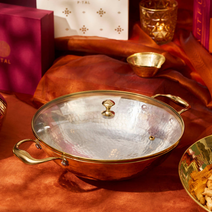 Set of 3 Brass Kadhais with Glass Lid (1.5L round base, 3L round base, 3L flat base)