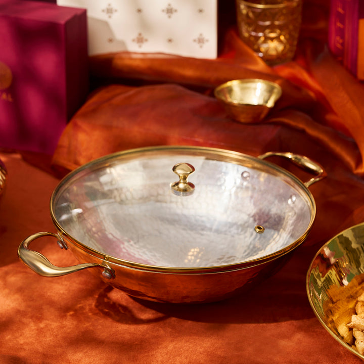 Brass Kadhai with Glass Lid (Round Base)