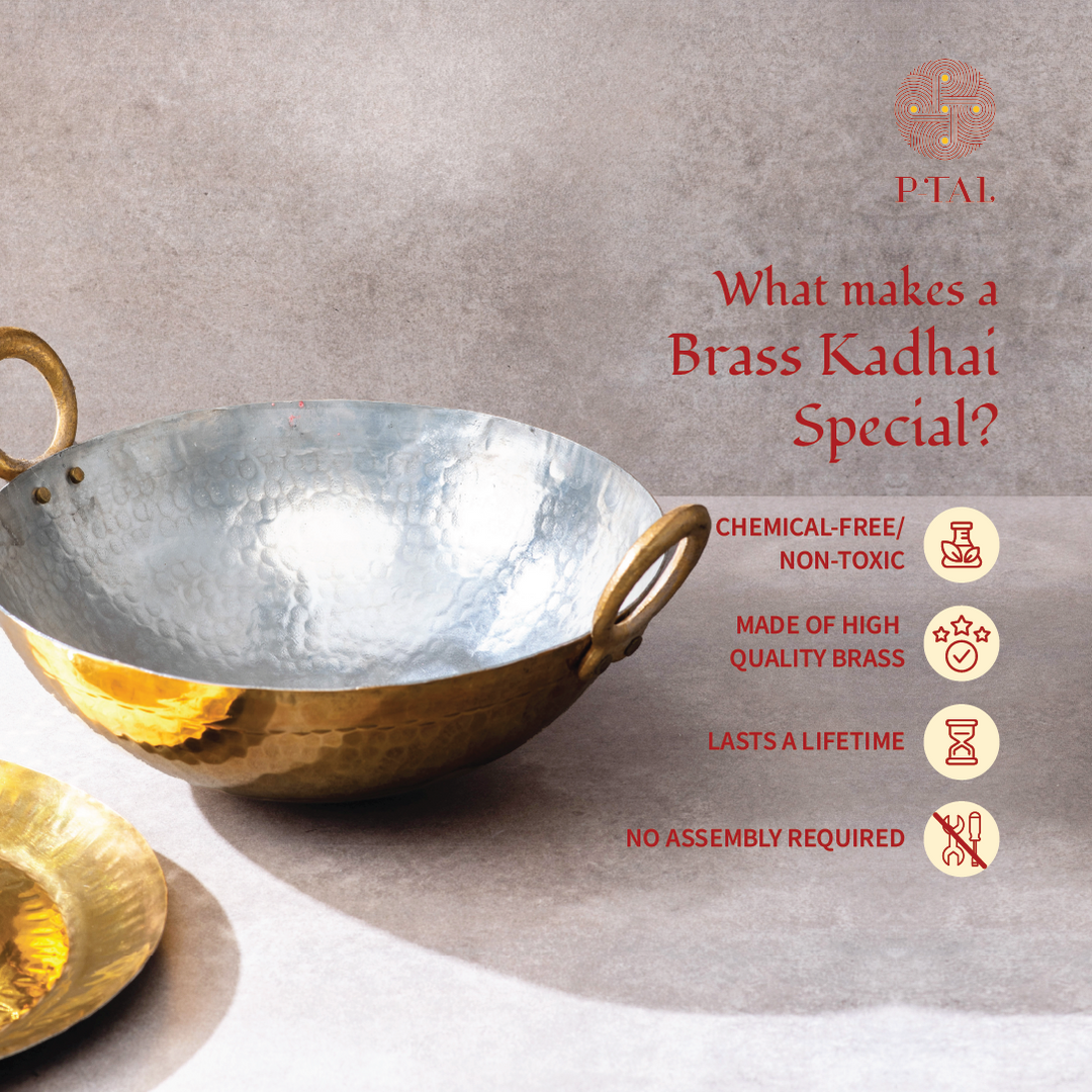 Ayurveda Starter Kit (1 Brass Kadhai, 1 Copper Tumbler, 1 Kansa (Bronze) Thaali - 10.5")