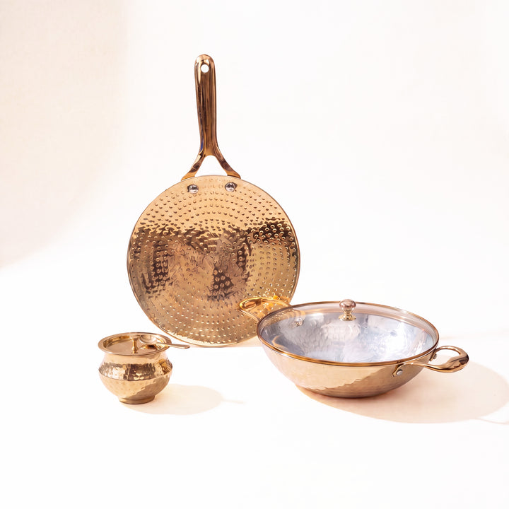 Brass Essentials Combo Set (Brass Roti Tawa with Insulated handle, Brass Ghee Pot, Brass Kadhai with Insulated handles & Glass lid)