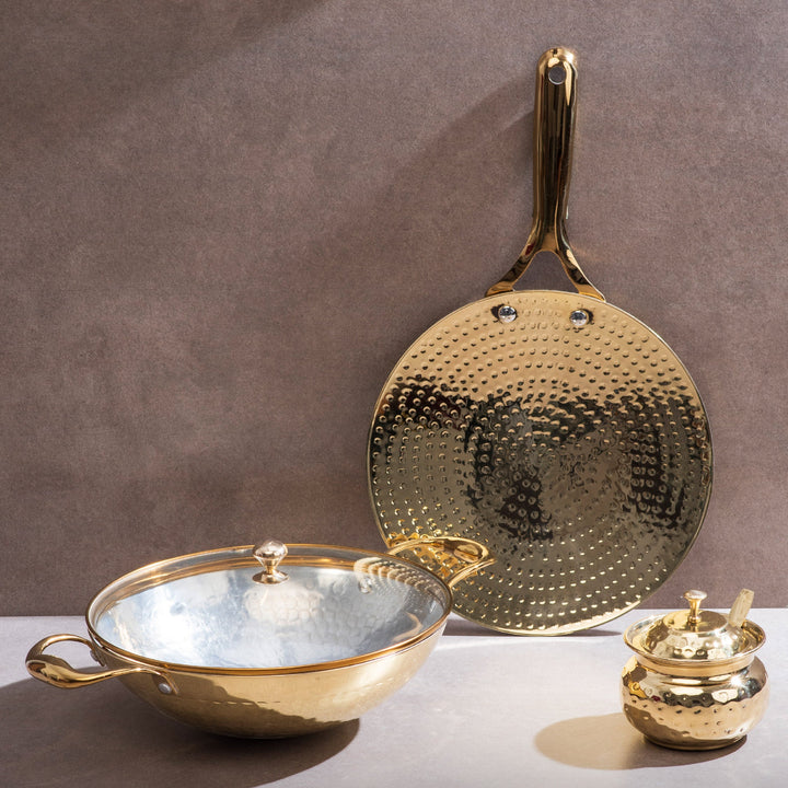 Brass Essentials Combo Set (Brass Roti Tawa with Insulated handle, Brass Ghee Pot, Brass Kadhai with Insulated handles & Glass lid)