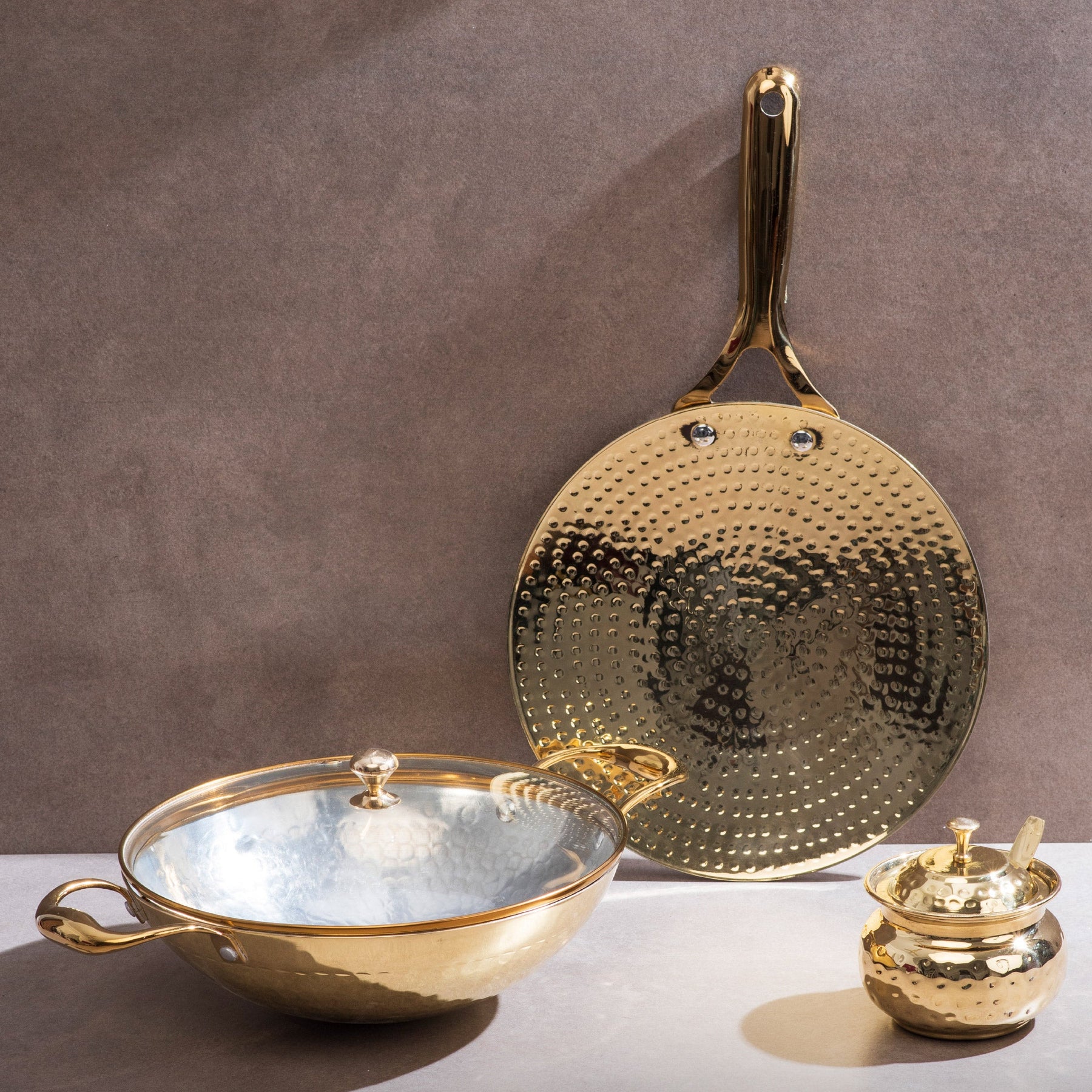 Bras Roti Brass Essentials Combo Set (Brass Roti Tawa with Insulated handle, Bra ...