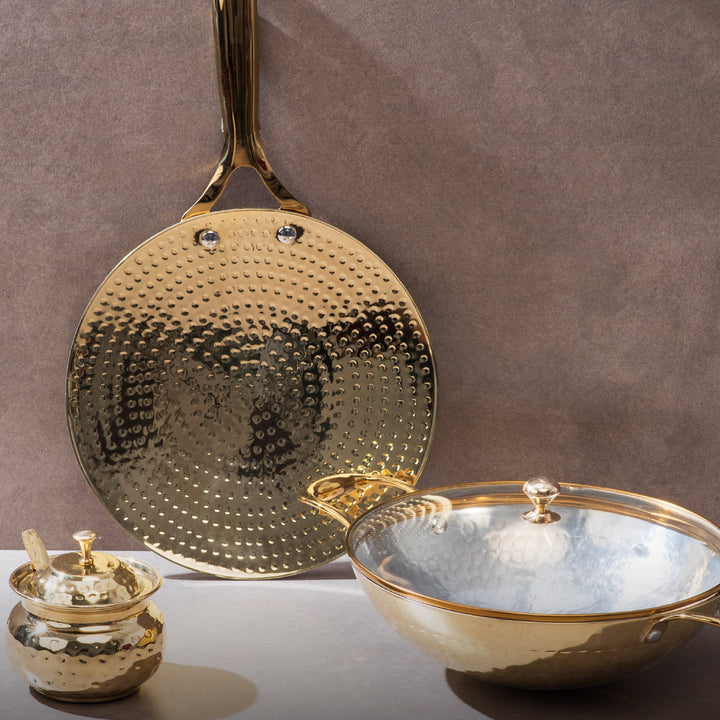 Brass Essentials Combo Set (Brass Roti Tawa with Insulated handle, Brass Ghee Pot, Brass Kadhai with Insulated handles & Glass lid)