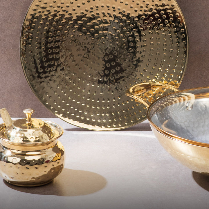 Brass Essentials Combo Set (Brass Roti Tawa with Insulated handle, Brass Ghee Pot, Brass Kadhai with Insulated handles & Glass lid)