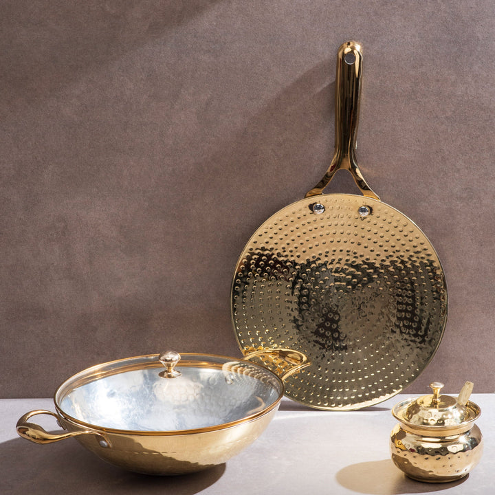 Brass Essentials Combo Set (Brass Roti Tawa with Insulated handle, Brass Ghee Pot, Brass Kadhai with Insulated handles & Glass lid)