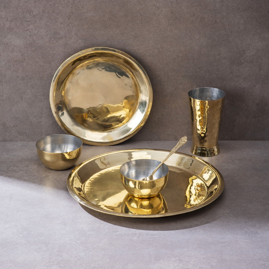 Pure Brass Plate Set with Katoris, Spoon, Glass - Dinner Set