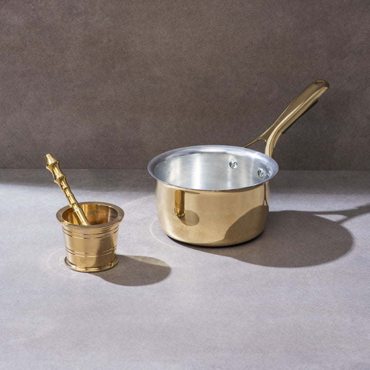 Chai Starter Kit (Brass Saucepan with Insulated handle + Brass Mortar and Pestle)