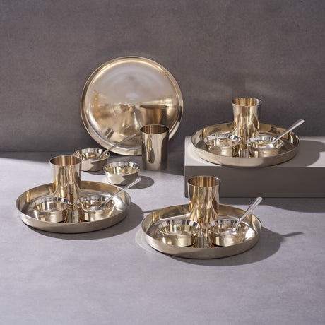 Kansa Dinner Thaali Set (10.5" Thaali) - 20 pieces dinner set (4 Thaalis, 8 Bowls, 4 Glasses and 4 Spoons) P.TAL