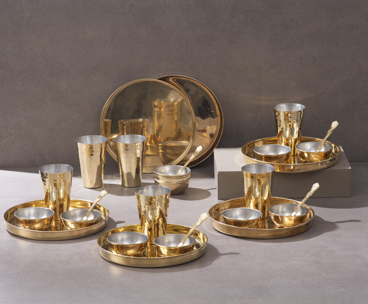 Brass Thaali Set - 30 pieces dinner set (6 Thaali, 12 bowls, 6 glass and 6 spoon) P-TAL