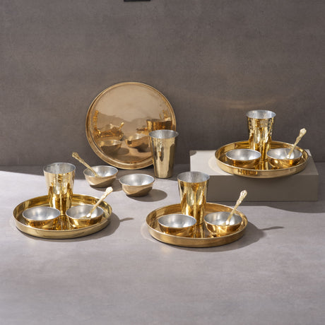 Brass Thaali Set - 20 pieces dinner set (4 Thaali, 8 bowls, 4 glass and 4 spoon) - P.TAL
