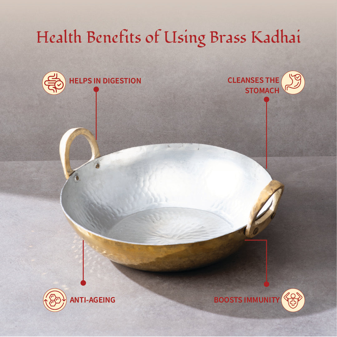 Ayurveda Starter Kit (1 Brass Kadhai, 1 Copper Tumbler, 1 Kansa (Bronze) Thaali - 10.5")