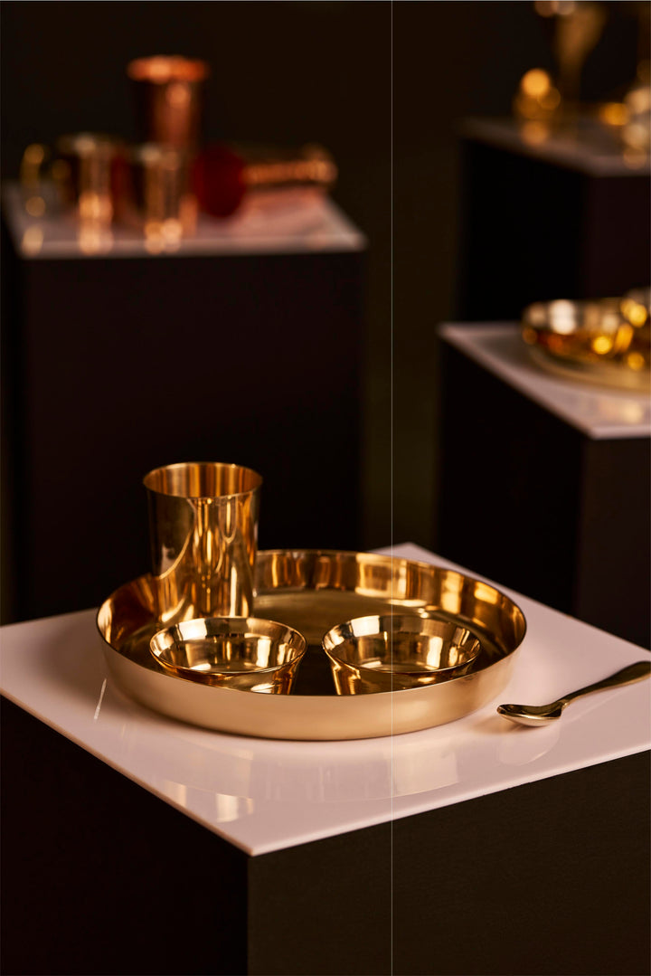 Kansa Dinner Thaali/Plate Set (10.5" Thaali) - 5 pieces (1 Thaali, 2 Bowls, 1 glass and 1 spoon)