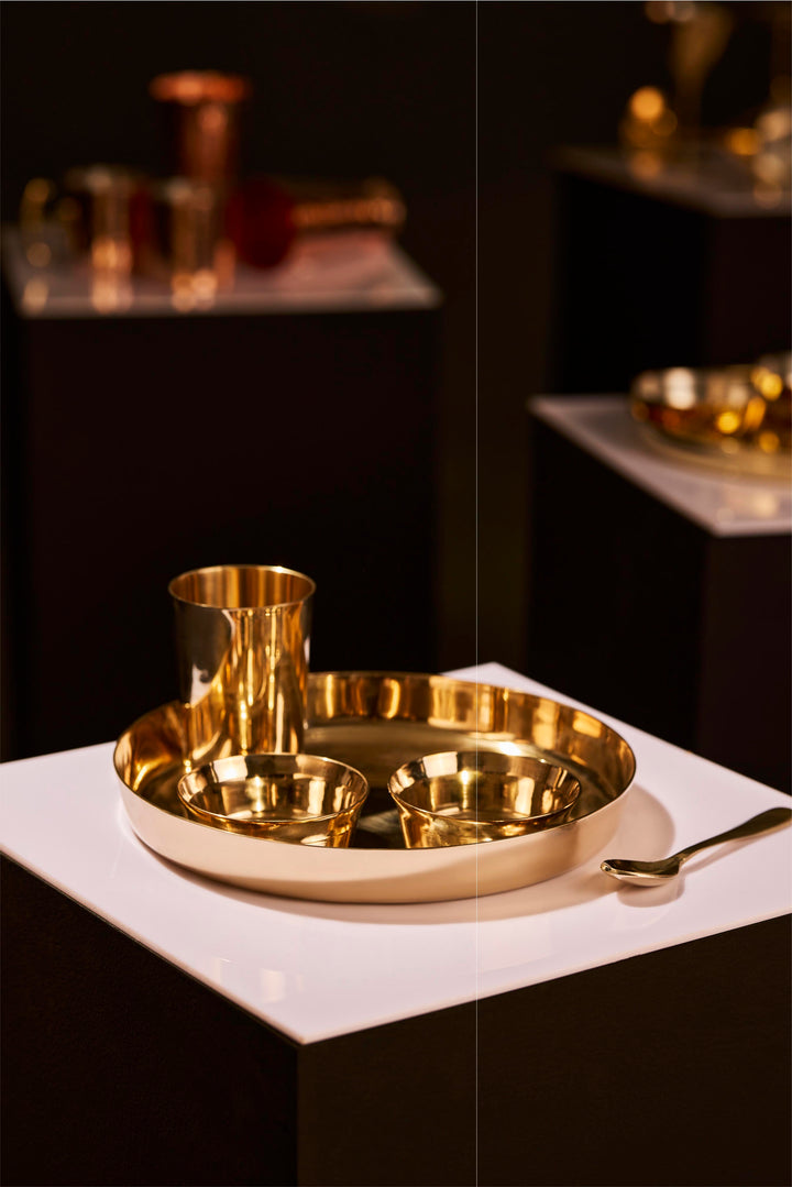 Kansa Dinner Thaali/Plate Set (10.5" Thaali) - 5 pieces (1 Thaali, 2 Bowls, 1 glass and 1 spoon)