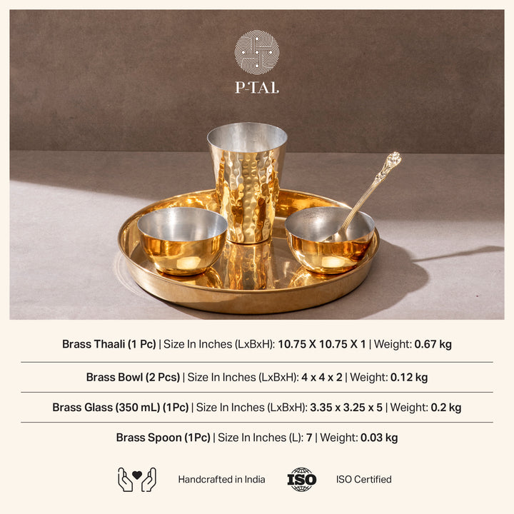 Brass Thaali Set - 5 pieces set (1 Thaali, 2 bowls, 1 glass and 1 spoon