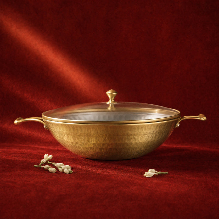 Flat Base Brass Kadhai with Glass Lid-Naturally non stick, Non Toxic, Teflon Free