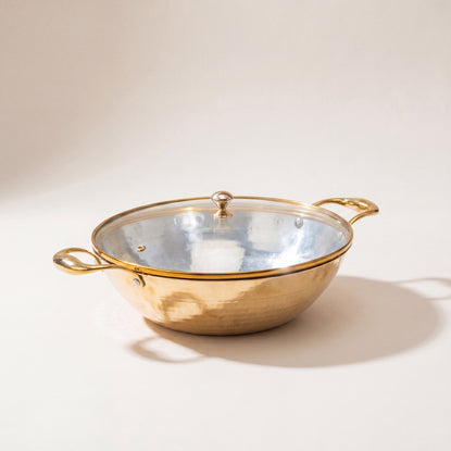 Flat Base Brass Kadhai with Glass Lid-Naturally non stick, Non Toxic, Teflon Free