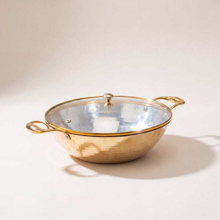Flat Base Brass Kadhai with Glass Lid-Naturally non stick, Non Toxic, Teflon Free