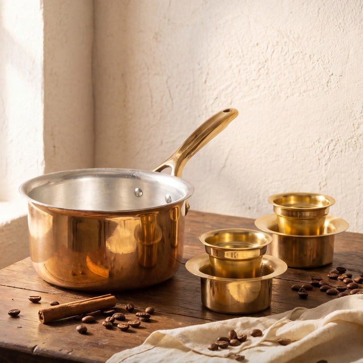Filter Kaapi Starter Kit (Brass Davara Coffee Set + Brass Saucepan with Insulated Steel base with golden PVD coating Handle)