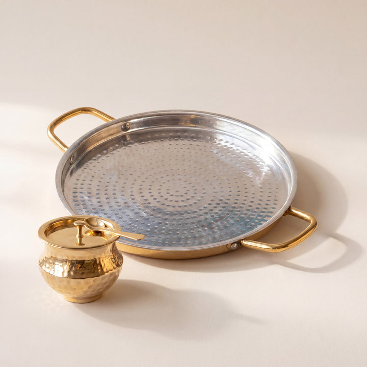 Brass Dosa Tawa with insulated handles And Brass Ghee Pot Combo