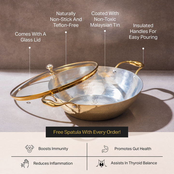 Flat Base Brass Kadhai with Glass Lid-Naturally non stick, Non Toxic, Teflon Free