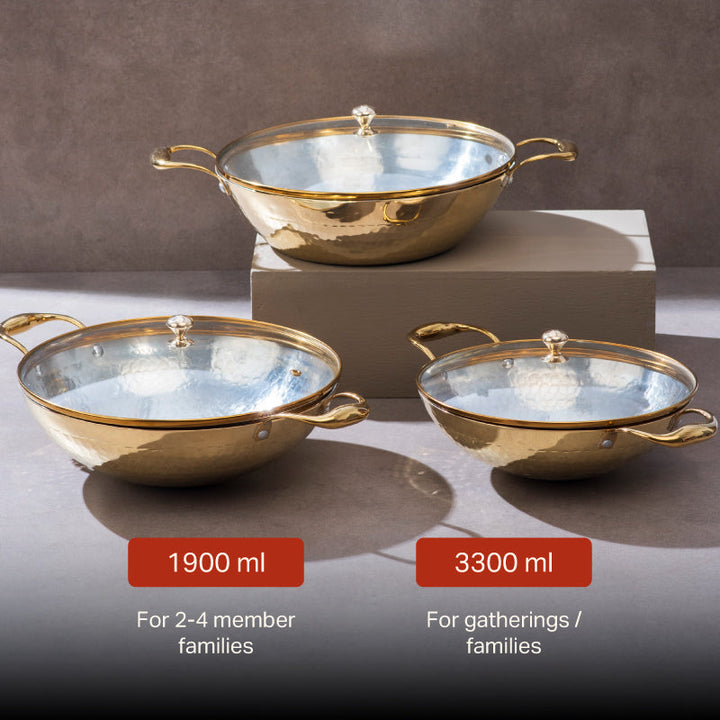 Set of 3 Brass Kadhais with Glass Lid (1.5L round base, 3L round base, 3L flat base)