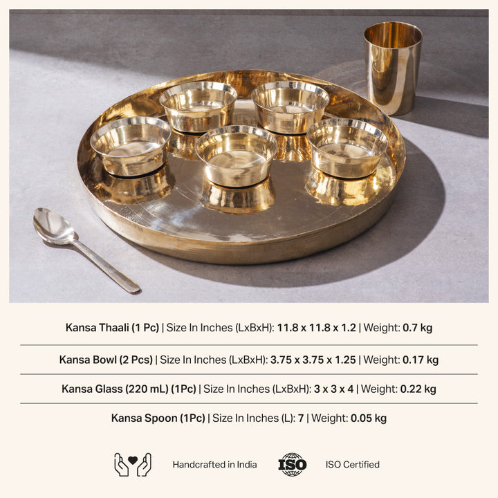 Kansa Dinner Thaali Set (Thaali -13.5") - 8 pieces set (1 pc Thaali, 5 pieces bowls, 1 pc glass, 1 pc spoon)