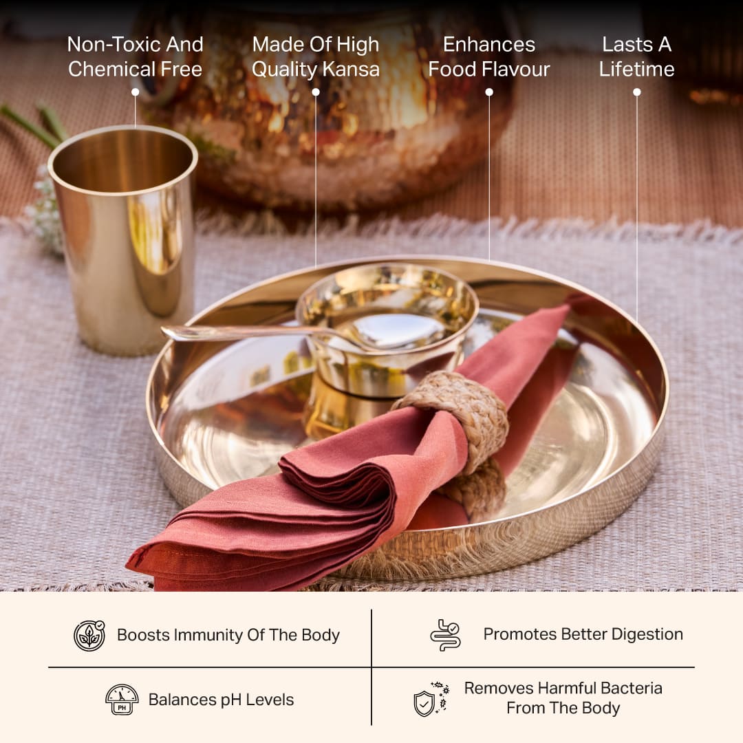Kansa Dinner Thaali Set (10.5" Thaali) - 5 pieces (1 Thaali, 2 Bowls, 1 glass and 1 spoon)