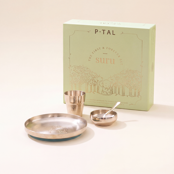 SURU Kids Dinner Set Handcrafted In Pure Kansa (Bronze) - Baby Dinner Set