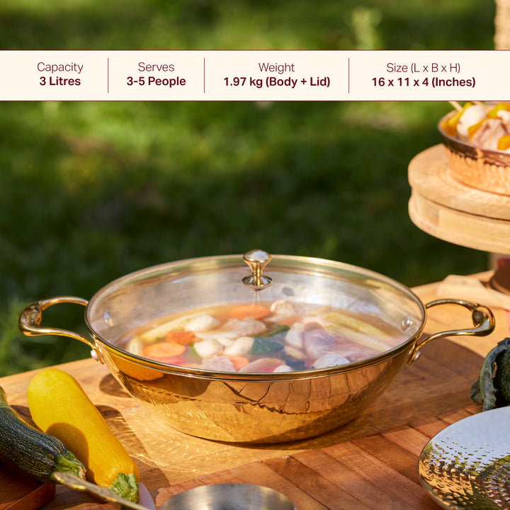 Set of 3 Brass Kadhais with Glass Lid (1.5L round base, 3L round base, 3L flat base)