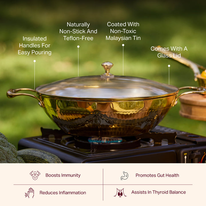 Flat Base Brass Kadhai with Glass Lid-Naturally non stick, Non Toxic, Teflon Free