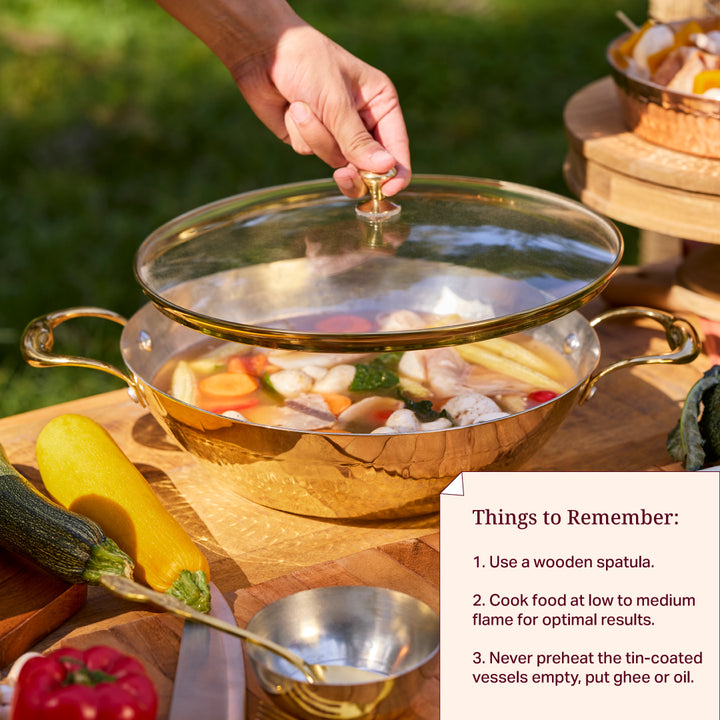 Set of 3 Brass Kadhais with Glass Lid (1.5L round base, 3L round base, 3L flat base)
