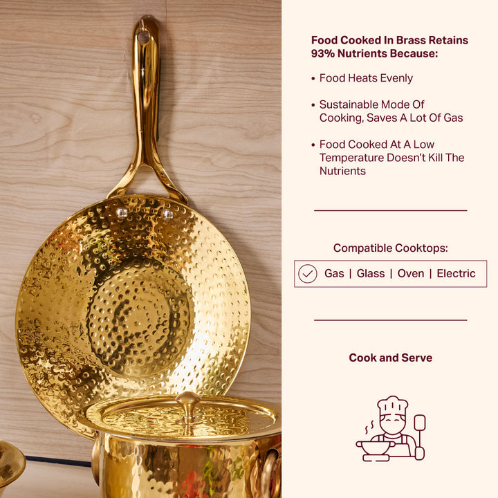 Brass Essentials Combo Set (Brass Roti Tawa with Insulated handle, Brass Ghee Pot, Brass Kadhai with Insulated handles & Glass lid)