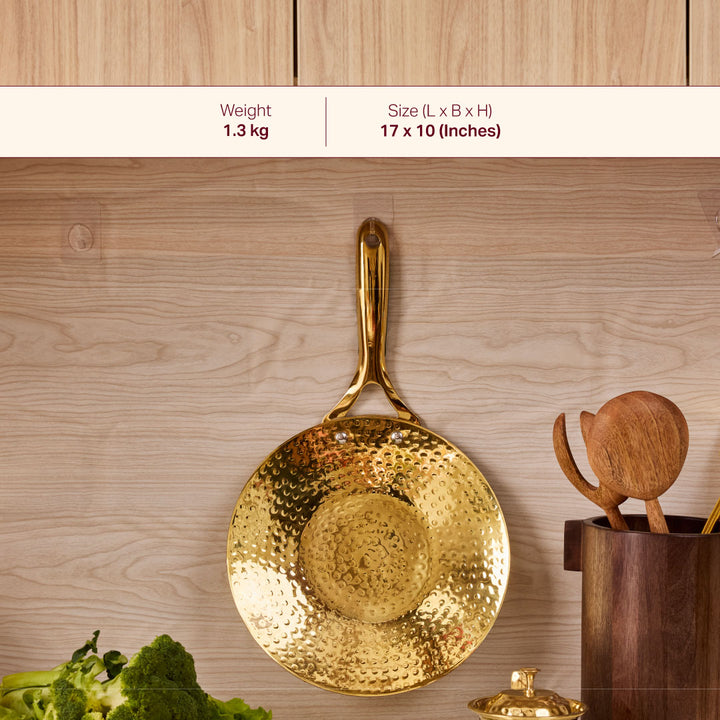Brass Essentials Combo Set (Brass Roti Tawa with Insulated handle, Brass Ghee Pot, Brass Kadhai with Insulated handles & Glass lid)